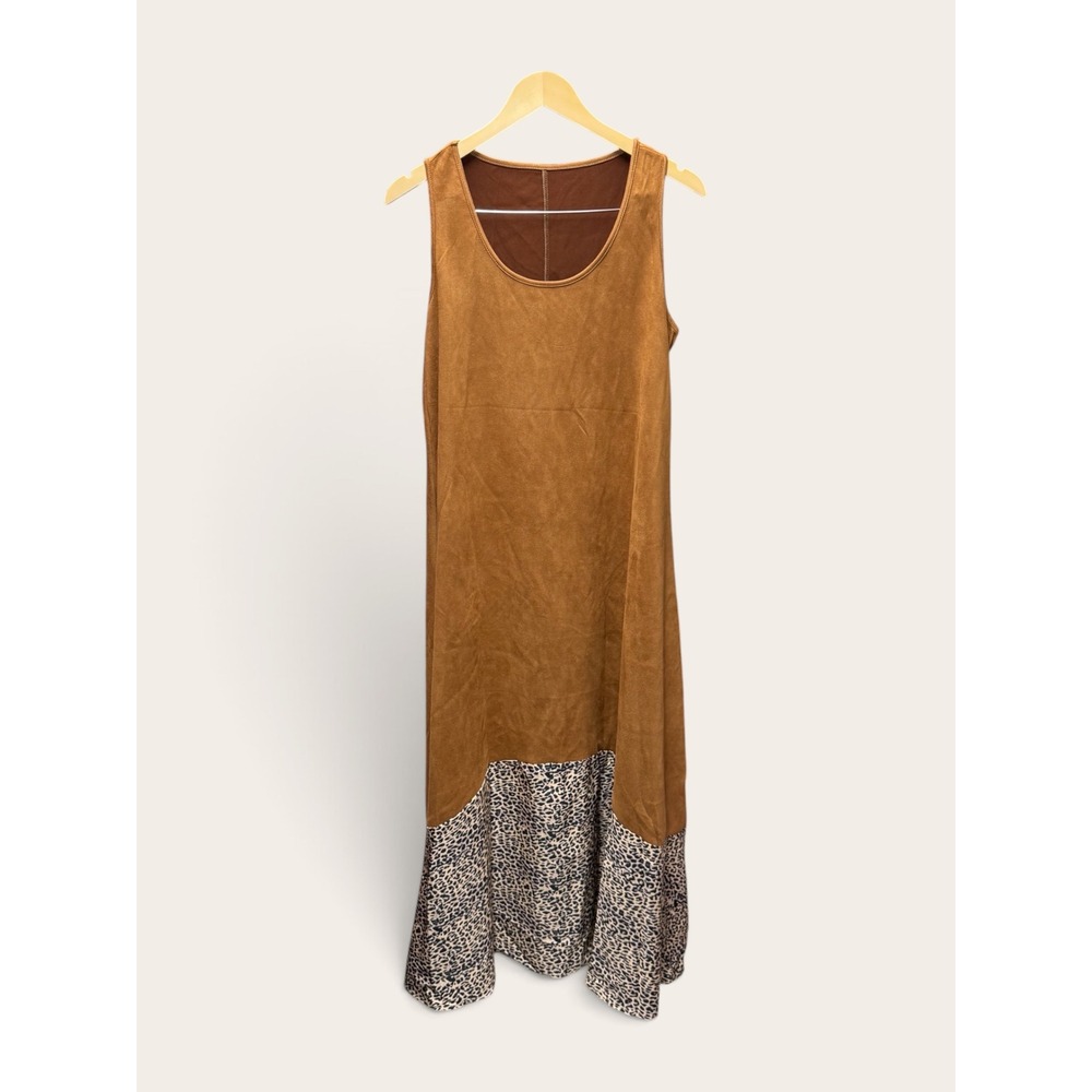 Brown Faux Suede Sleeveless Midi Dress Leopard Print Hem Women Large NWOT